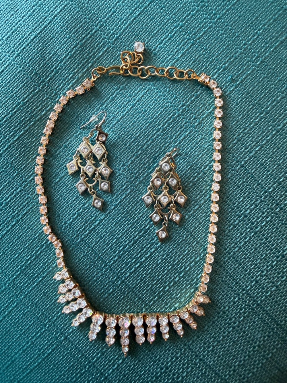 Gold Tone Crystal Necklace and Earrings Set - Gold
